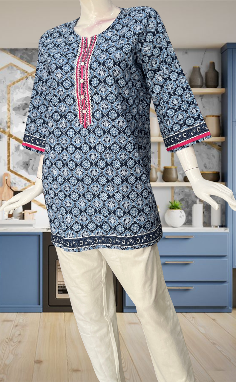 Blue Floral Jaipur Cotton Short Kurti. Pure Versatile Cotton. | Laces and Frills