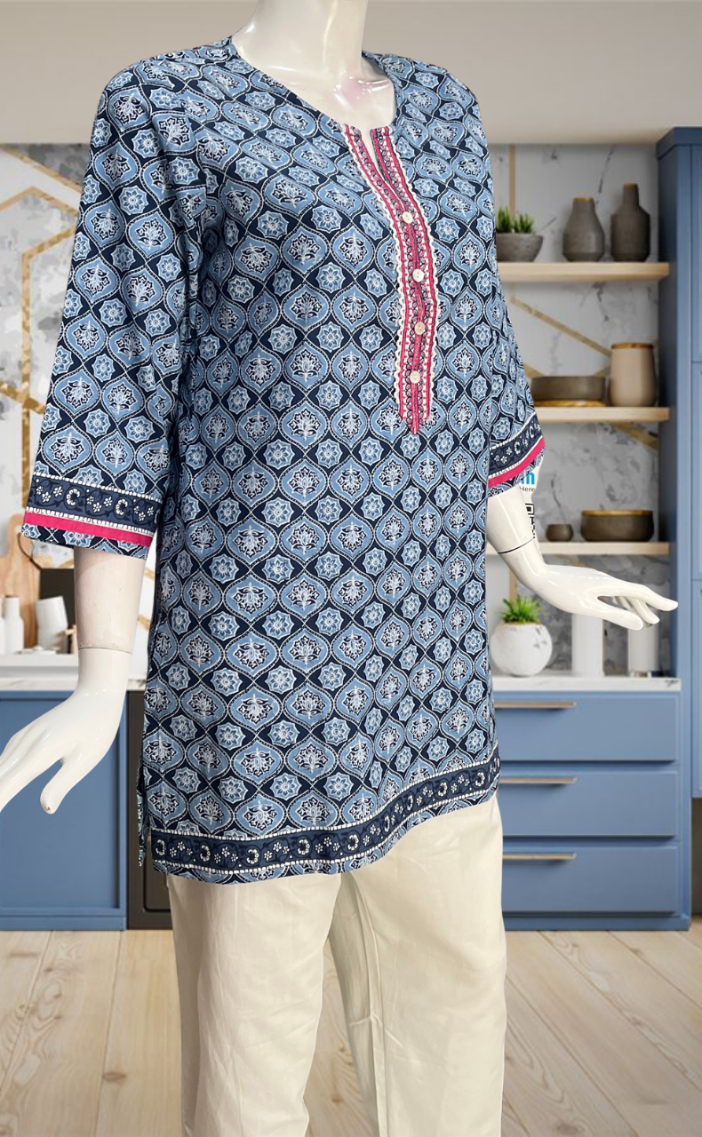 Blue Floral Jaipur Cotton Short Kurti. Pure Versatile Cotton. | Laces and Frills