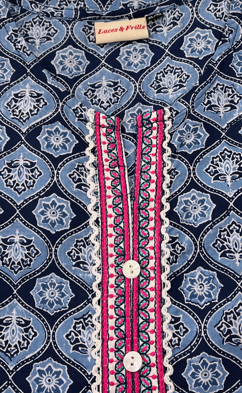 Blue Floral Jaipur Cotton Short Kurti. Pure Versatile Cotton. | Laces and Frills