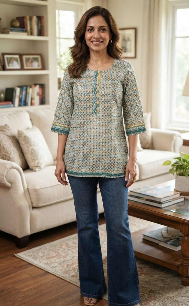Light Blue Flora Jaipur Cotton Short Kurti. Pure Versatile Cotton. | Laces and Frills