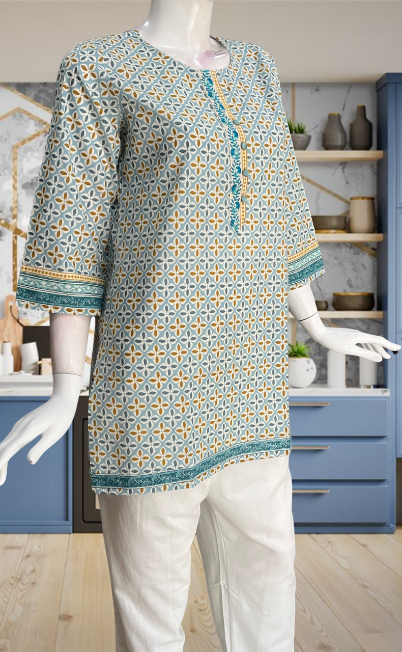 Light Blue Flora Jaipur Cotton Short Kurti. Pure Versatile Cotton. | Laces and Frills