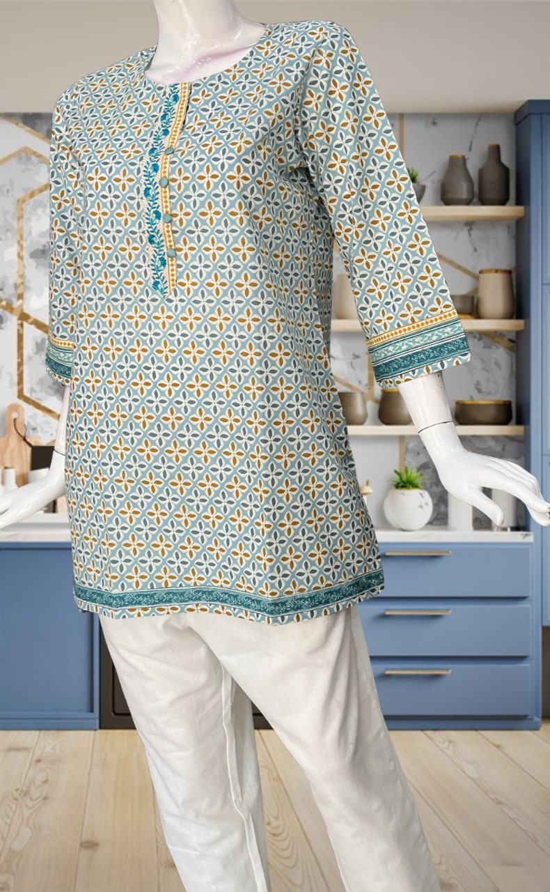 Light Blue Flora Jaipur Cotton Short Kurti. Pure Versatile Cotton. | Laces and Frills