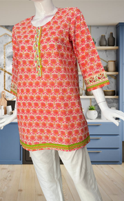 Peach/Pink Garden Jaipur Cotton Short Kurti. Pure Versatile Cotton. | Laces and Frills