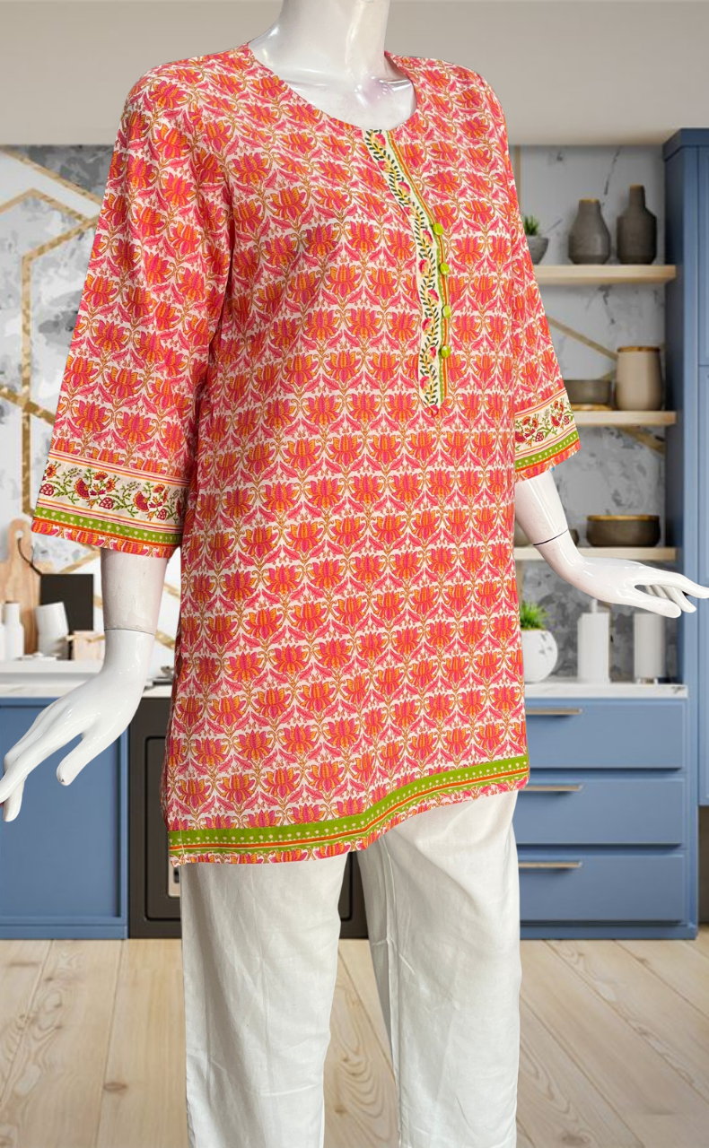 Peach/Pink Garden Jaipur Cotton Short Kurti. Pure Versatile Cotton. | Laces and Frills
