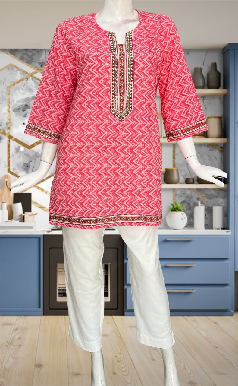 Pink Abstract Jaipur Cotton Short Kurti. Pure Versatile Cotton. | Laces and Frills