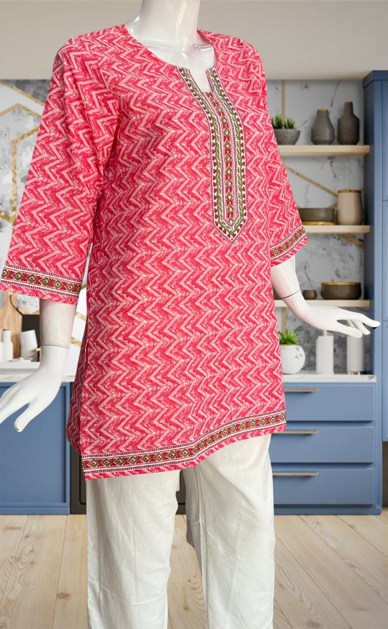 Pink Abstract Jaipur Cotton Short Kurti. Pure Versatile Cotton. | Laces and Frills