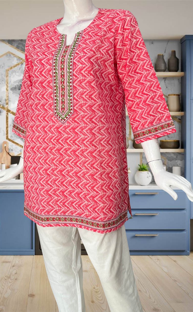 Pink Abstract Jaipur Cotton Short Kurti. Pure Versatile Cotton. | Laces and Frills