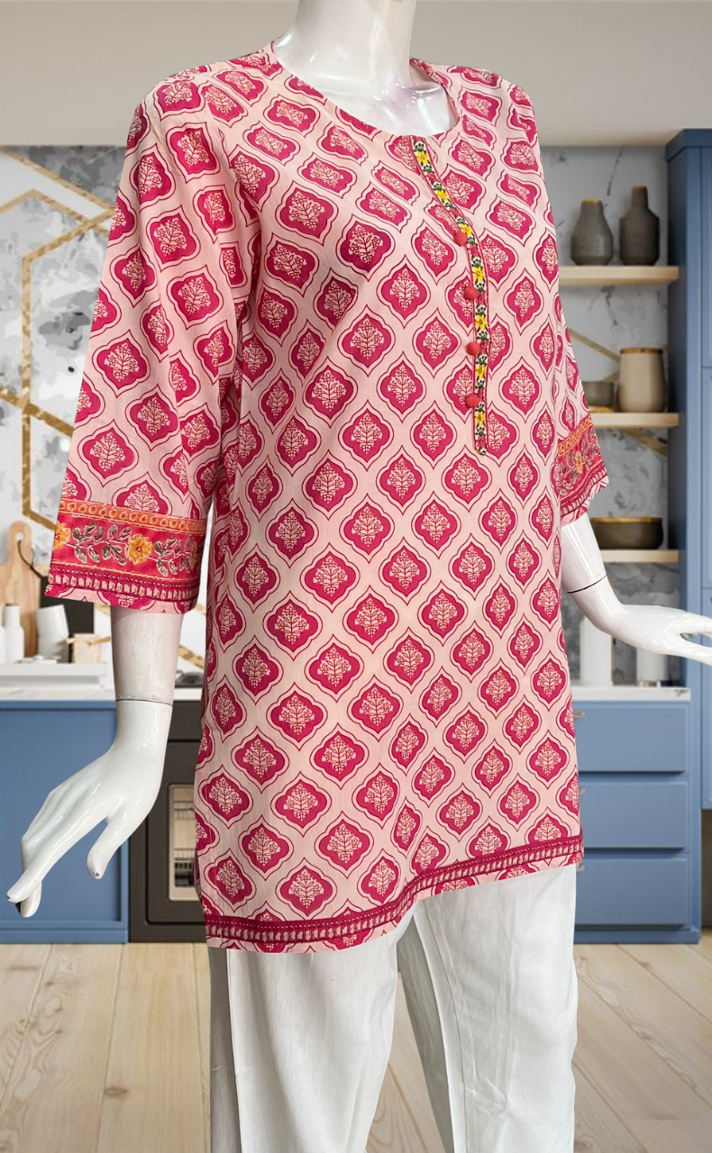 Pink Flora Jaipur Cotton Short Kurti. Pure Versatile Cotton. | Laces and Frills