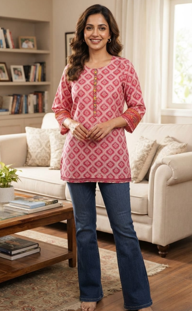 Pink Flora Jaipur Cotton Short Kurti. Pure Versatile Cotton. | Laces and Frills