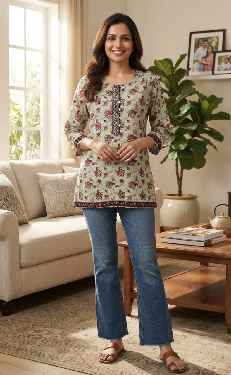 Beige Garden Jaipur Cotton Short Kurti. Pure Versatile Cotton. | Laces and Frills