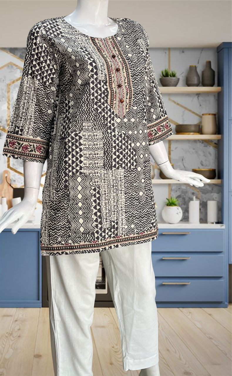 Brown Abstract Jaipur Cotton Short Kurti. Pure Versatile Cotton. | Laces and Frills - Laces and Frills