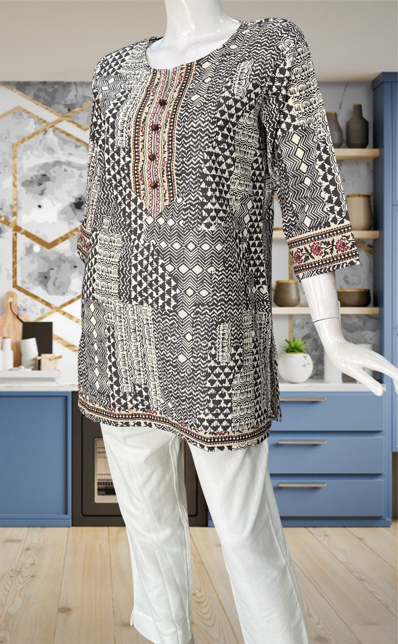 Brown Abstract Jaipur Cotton Short Kurti. Pure Versatile Cotton. | Laces and Frills - Laces and Frills