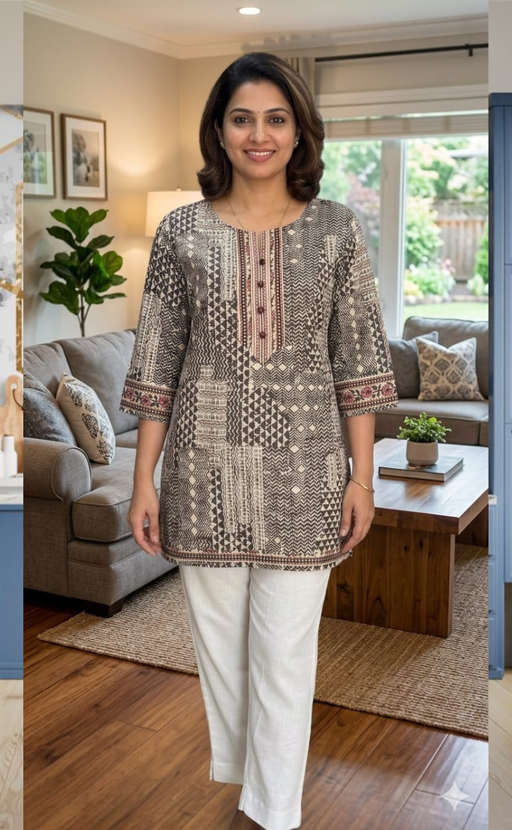 Brown Abstract Jaipur Cotton Short Kurti. Pure Versatile Cotton. | Laces and Frills - Laces and Frills