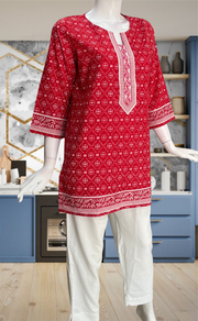 Red Abstract Jaipur Cotton Short Kurti. Pure Versatile Cotton. | Laces and Frills - Laces and Frills