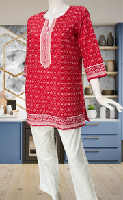 Red Abstract Jaipur Cotton Short Kurti. Pure Versatile Cotton. | Laces and Frills - Laces and Frills