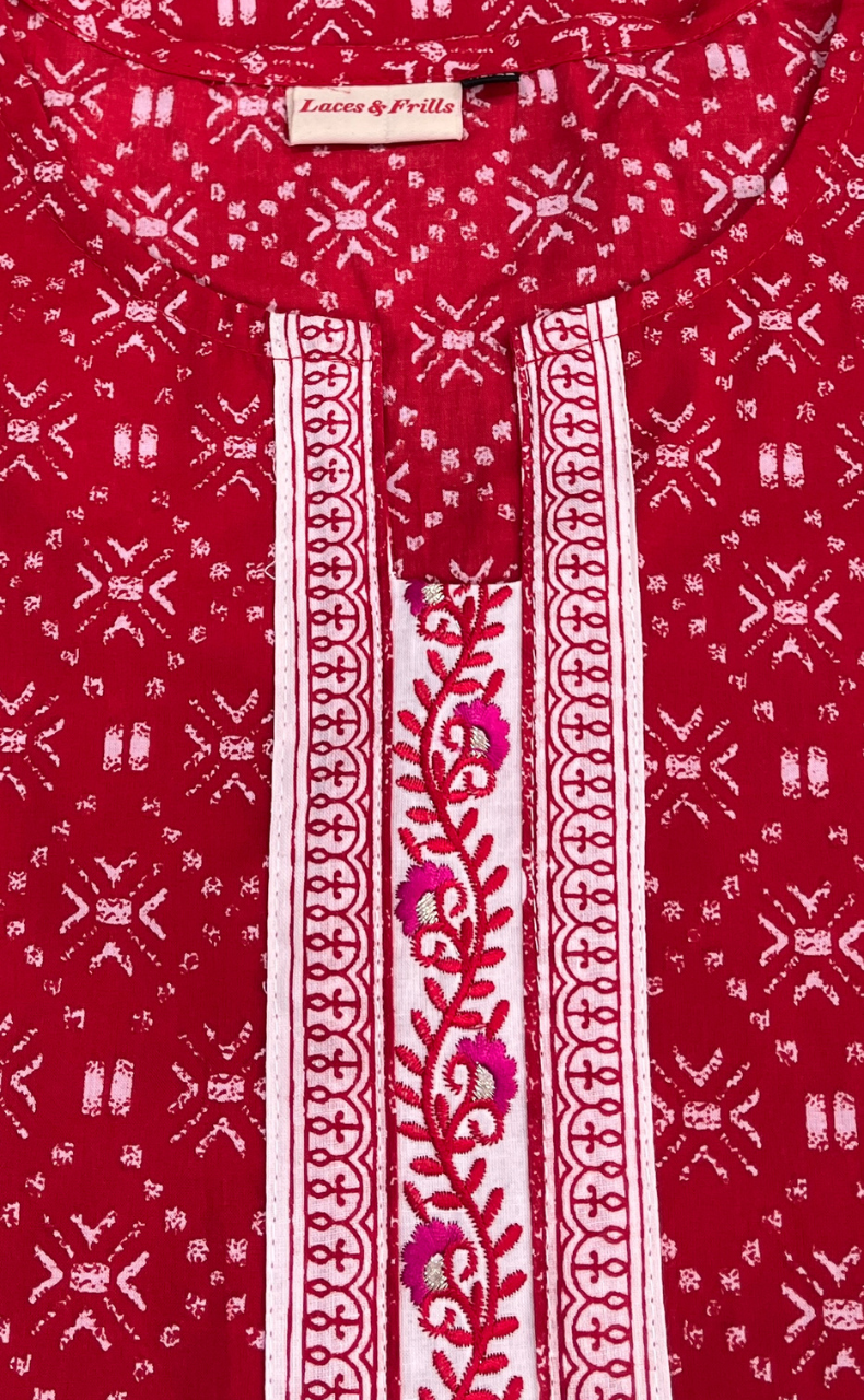 Red Abstract Jaipur Cotton Short Kurti. Pure Versatile Cotton. | Laces and Frills - Laces and Frills