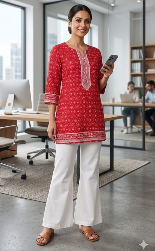 Red Abstract Jaipur Cotton Short Kurti. Pure Versatile Cotton. | Laces and Frills - Laces and Frills