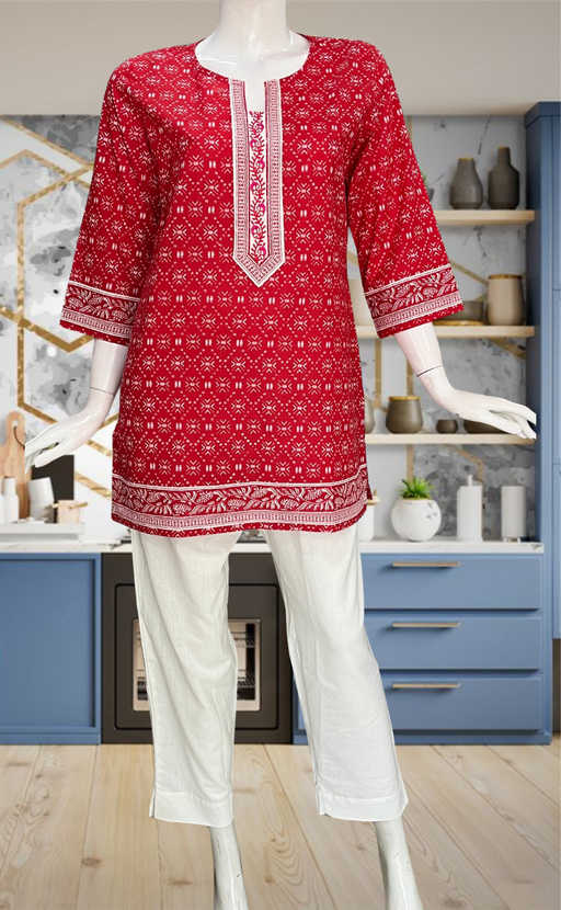 Red Abstract Jaipur Cotton Short Kurti. Pure Versatile Cotton. | Laces and Frills - Laces and Frills