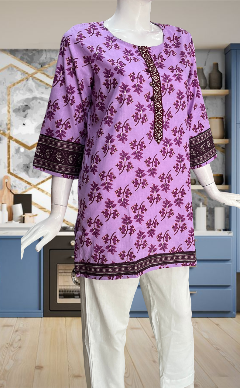 Lavender Leafy Jaipur Cotton Short Kurti. Pure Versatile Cotton. | Laces and Frills - Laces and Frills