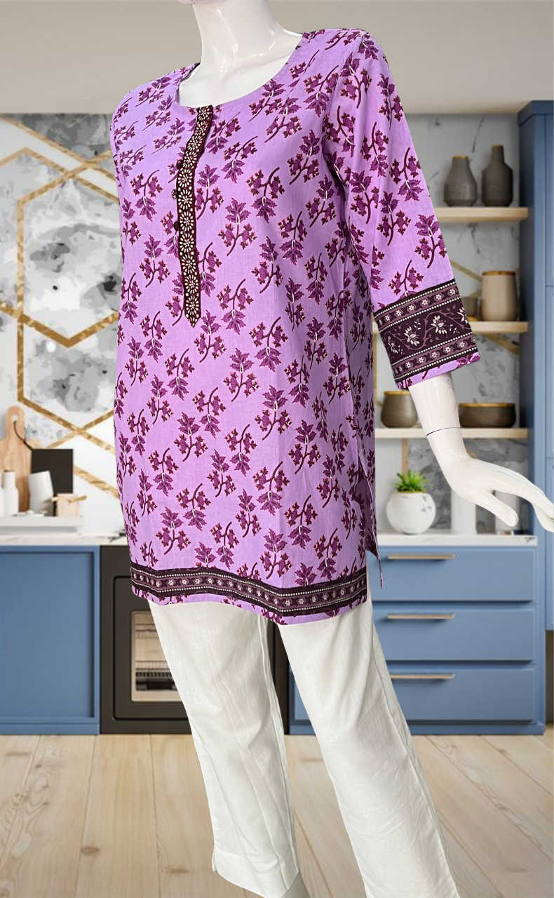 Lavender Leafy Jaipur Cotton Short Kurti. Pure Versatile Cotton. | Laces and Frills - Laces and Frills