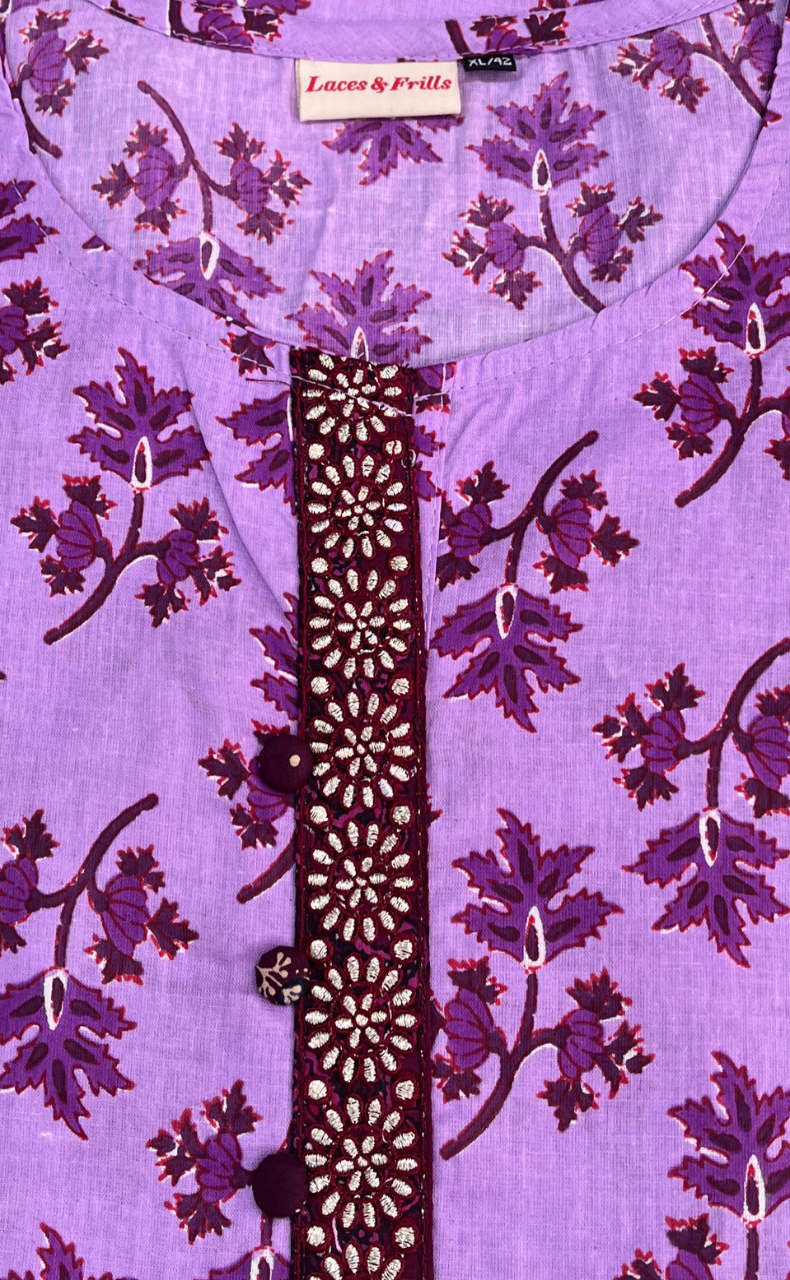 Lavender Leafy Jaipur Cotton Short Kurti. Pure Versatile Cotton. | Laces and Frills - Laces and Frills