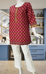 Maroon Floral Jaipur Cotton Short Kurti. Pure Versatile Cotton. | Laces and Frills - Laces and Frills
