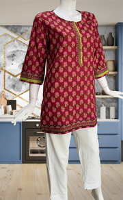 Maroon Floral Jaipur Cotton Short Kurti. Pure Versatile Cotton. | Laces and Frills - Laces and Frills