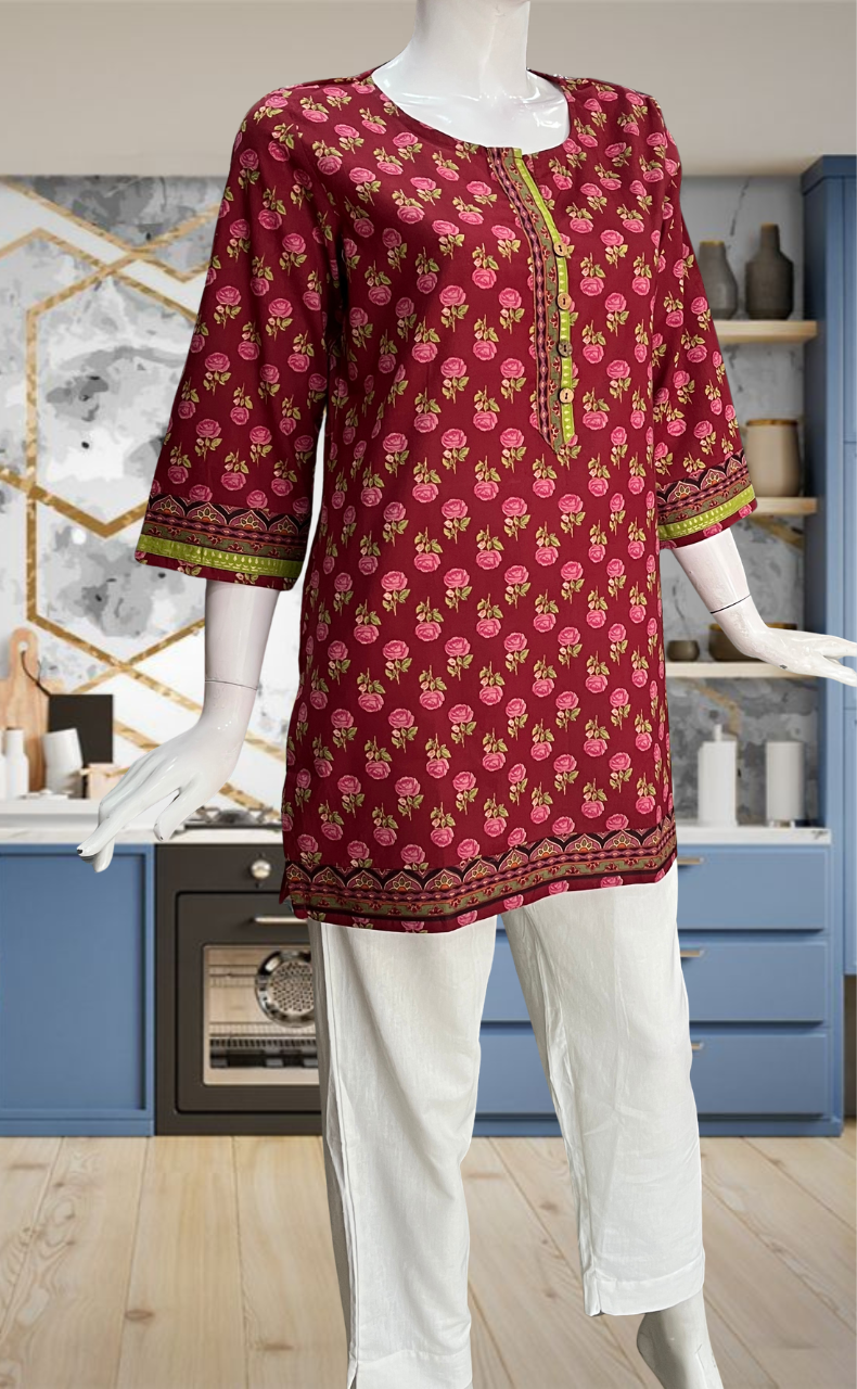 Maroon Floral Jaipur Cotton Short Kurti. Pure Versatile Cotton. | Laces and Frills - Laces and Frills