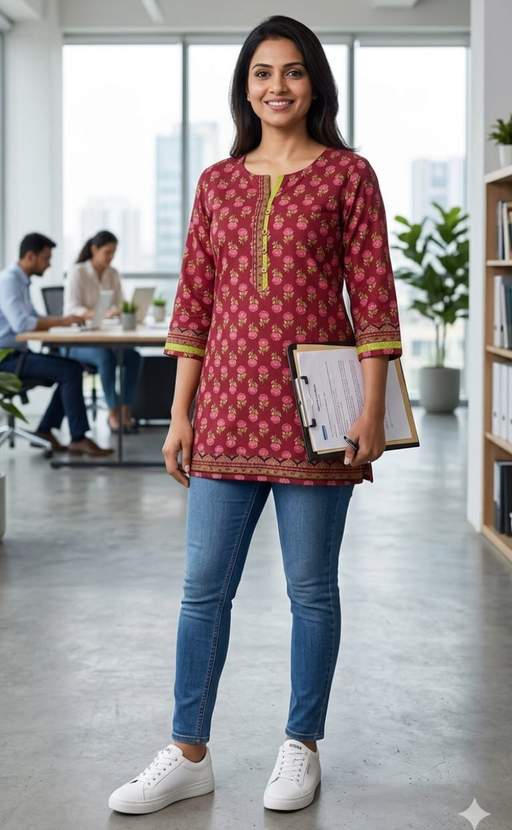 Maroon Floral Jaipur Cotton Short Kurti. Pure Versatile Cotton. | Laces and Frills - Laces and Frills