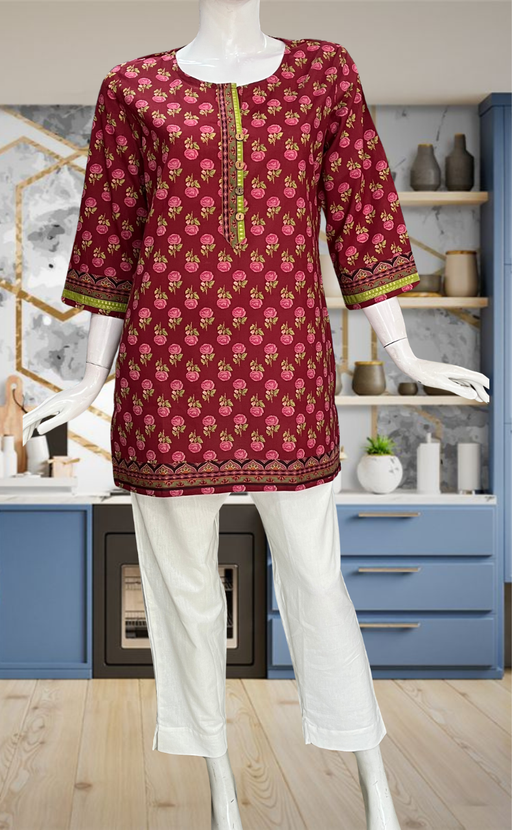 Maroon Floral Jaipur Cotton Short Kurti. Pure Versatile Cotton. | Laces and Frills - Laces and Frills