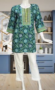Teal Blue Garden Jaipur Cotton Short Kurti. Pure Versatile Cotton. | Laces and Frills - Laces and Frills