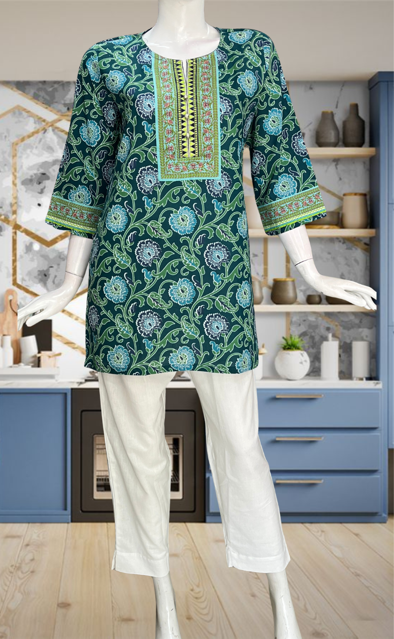 Teal Blue Garden Jaipur Cotton Short Kurti. Pure Versatile Cotton. | Laces and Frills - Laces and Frills