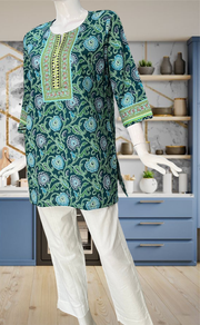 Teal Blue Garden Jaipur Cotton Short Kurti. Pure Versatile Cotton. | Laces and Frills - Laces and Frills