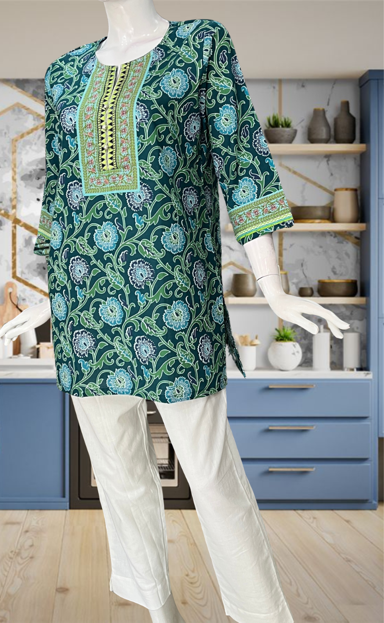 Teal Blue Garden Jaipur Cotton Short Kurti. Pure Versatile Cotton. | Laces and Frills - Laces and Frills