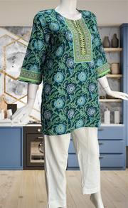 Teal Blue Garden Jaipur Cotton Short Kurti. Pure Versatile Cotton. | Laces and Frills - Laces and Frills