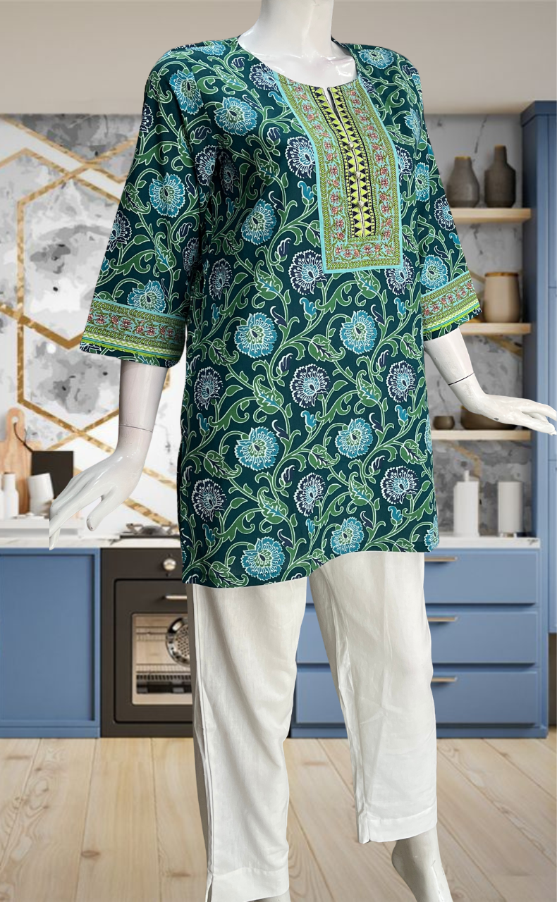 Teal Blue Garden Jaipur Cotton Short Kurti. Pure Versatile Cotton. | Laces and Frills - Laces and Frills