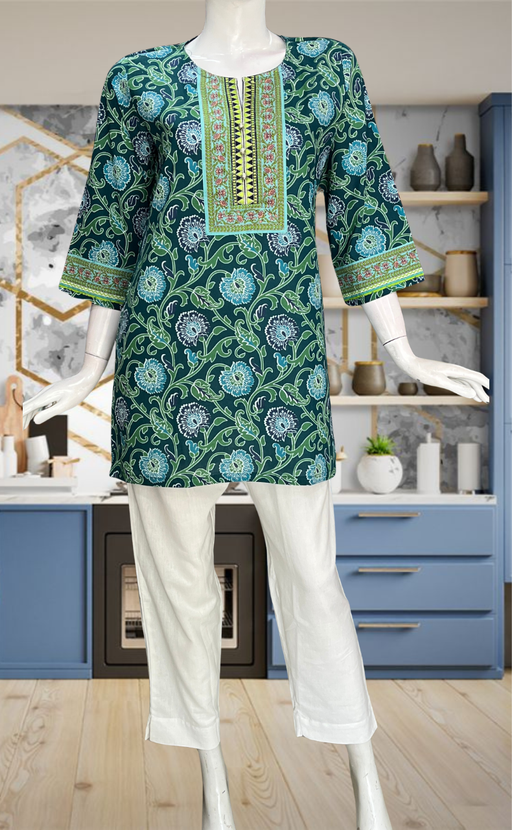Teal Blue Garden Jaipur Cotton Short Kurti. Pure Versatile Cotton. | Laces and Frills - Laces and Frills