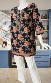 Black Floral Jaipur Cotton Short Kurti. Pure Versatile Cotton. | Laces and Frills - Laces and Frills