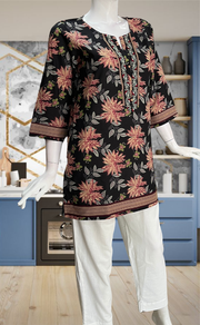 Black Floral Jaipur Cotton Short Kurti. Pure Versatile Cotton. | Laces and Frills - Laces and Frills