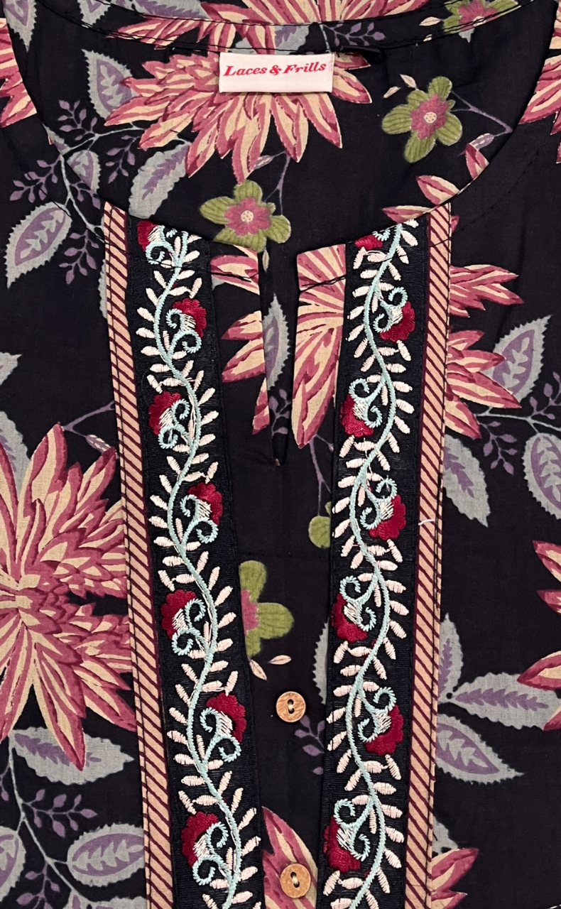 Black Floral Jaipur Cotton Short Kurti. Pure Versatile Cotton. | Laces and Frills - Laces and Frills