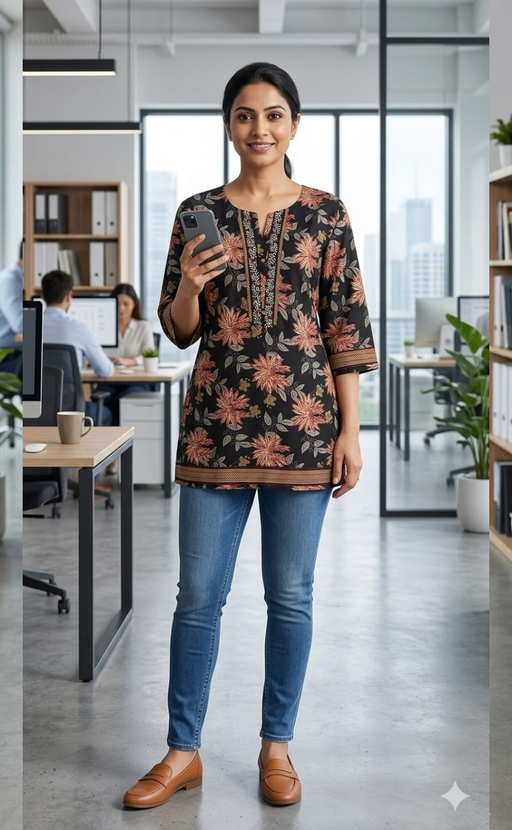 Black Floral Jaipur Cotton Short Kurti. Pure Versatile Cotton. | Laces and Frills - Laces and Frills