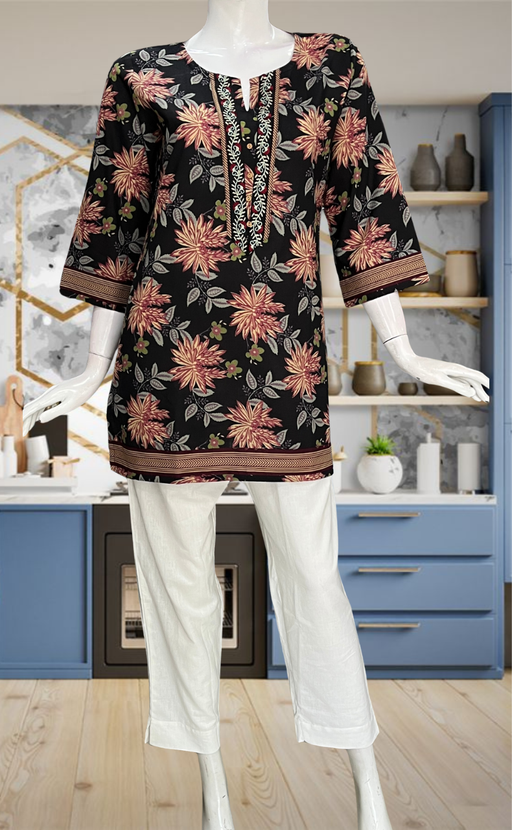 Black Floral Jaipur Cotton Short Kurti. Pure Versatile Cotton. | Laces and Frills - Laces and Frills