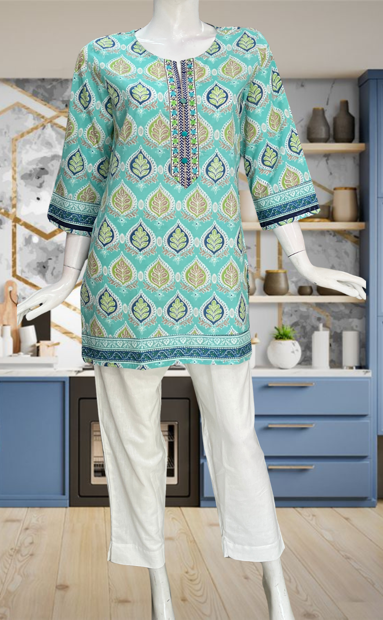 Sea Green Leafy Jaipur Cotton Short Kurti. Pure Versatile Cotton. | Laces and Frills - Laces and Frills