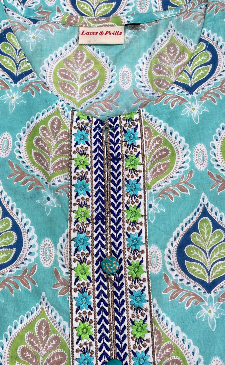 Sea Green Leafy Jaipur Cotton Short Kurti. Pure Versatile Cotton. | Laces and Frills - Laces and Frills