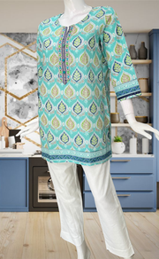 Sea Green Leafy Jaipur Cotton Short Kurti. Pure Versatile Cotton. | Laces and Frills - Laces and Frills
