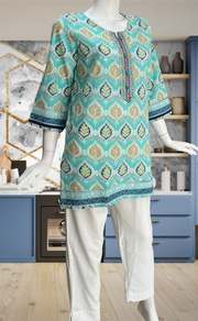 Sea Green Leafy Jaipur Cotton Short Kurti. Pure Versatile Cotton. | Laces and Frills - Laces and Frills