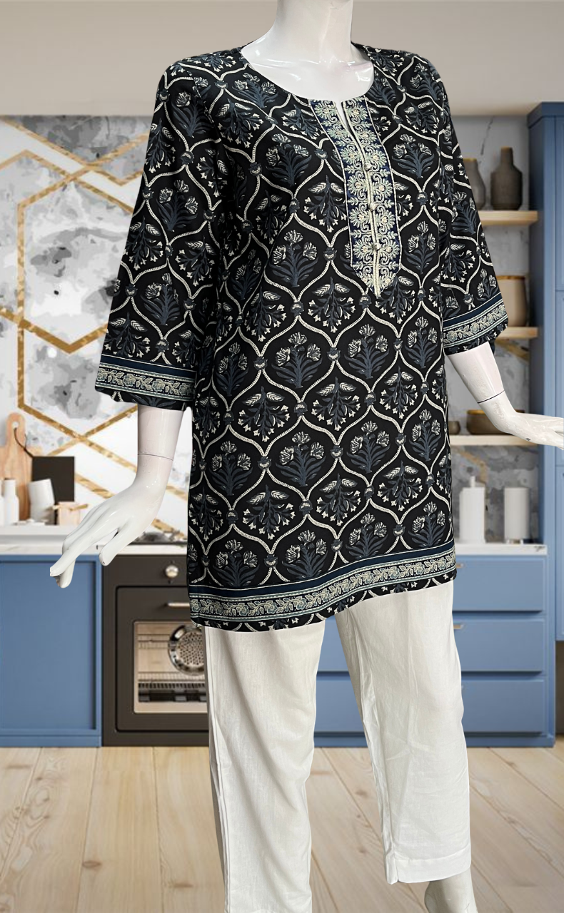 Black Garden Jaipur Cotton Short Kurti. Pure Versatile Cotton. | Laces and Frills - Laces and Frills