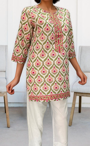 White/Pink Garden Jaipuri Cotton Short Kurti. Pure Versatile Cotton. | Laces and Frills - Laces and Frills