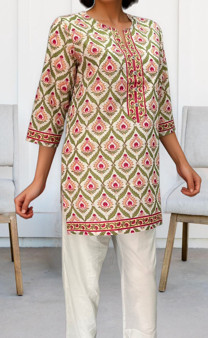 White/Pink Garden Jaipuri Cotton Short Kurti. Pure Versatile Cotton. | Laces and Frills - Laces and Frills