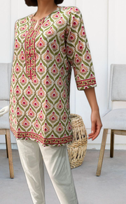 White/Pink Garden Jaipuri Cotton Short Kurti. Pure Versatile Cotton. | Laces and Frills - Laces and Frills